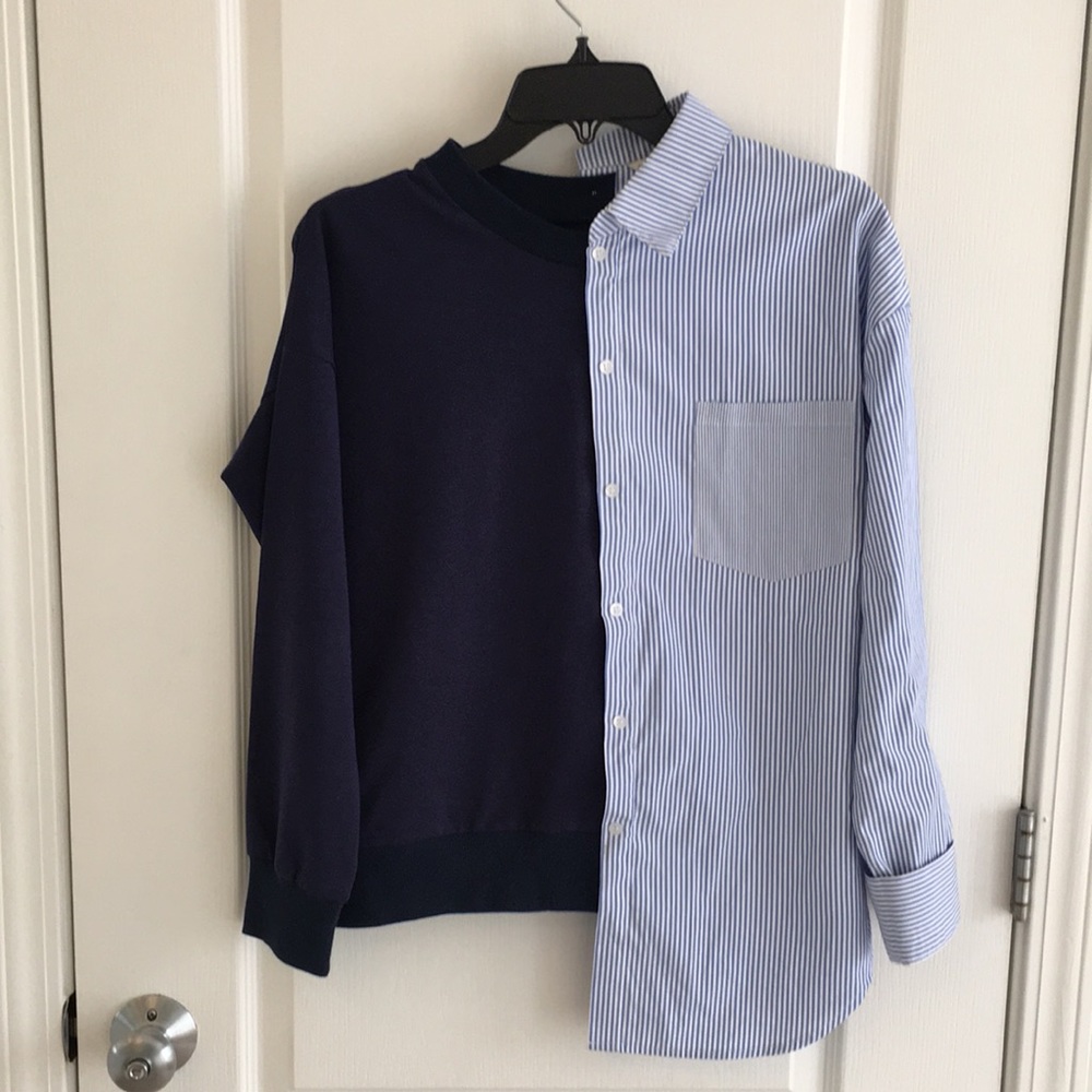 Half Striped Button-Down / Half Navy Blue Crewneck